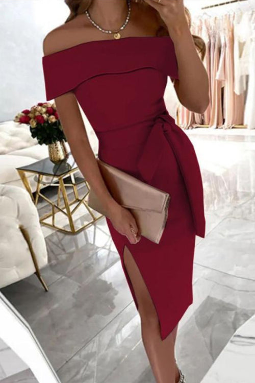 Off Shoulder Tie Waist Side Split Dress Red