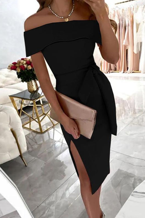 Off Shoulder Tie Waist Side Split Dress Black