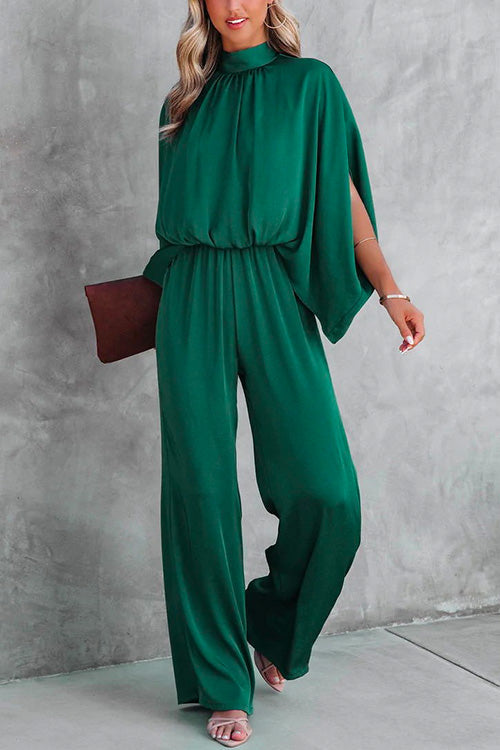 Stand Collar Slit Sleeve Waisted Wide Leg Jumpsuits( in 5 Colors) Green