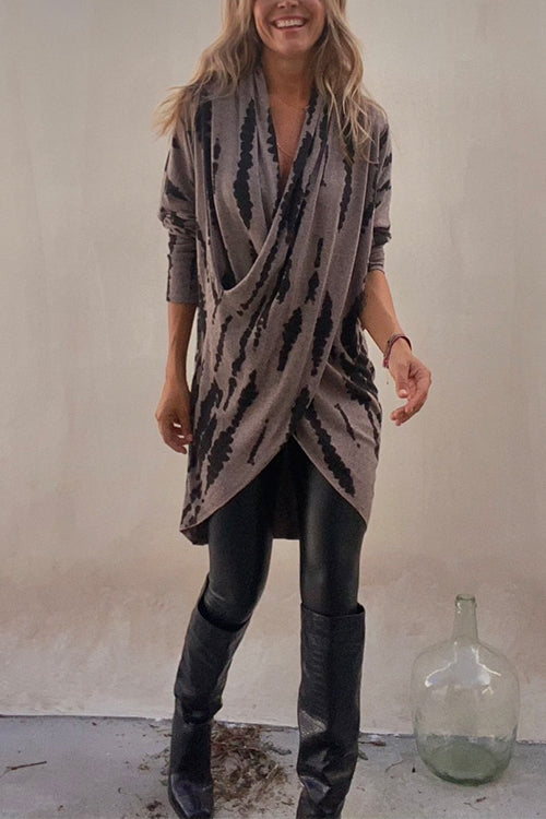 Irregular Front Cross Long Sleeve Tie Dye Top Brown