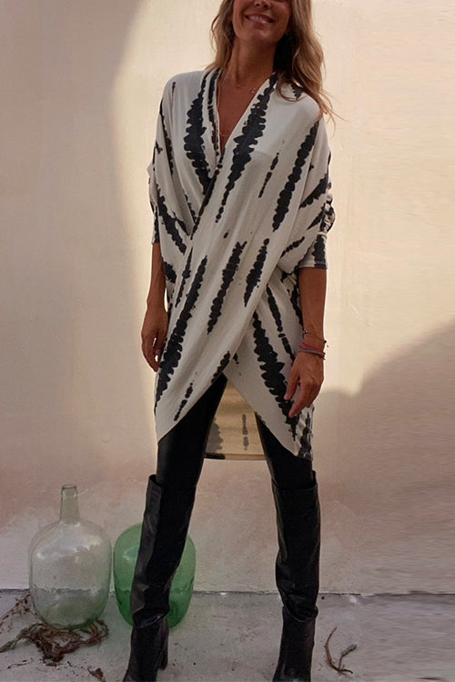 Irregular Front Cross Long Sleeve Tie Dye Top White