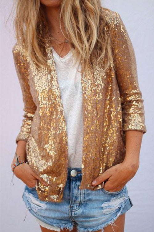 Open Front Long Sleeve Sequin Cardigans Gold