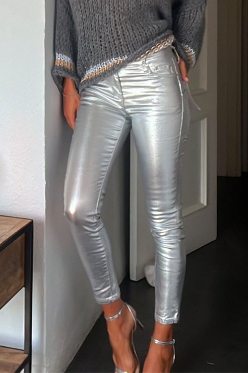 Slim Fit Faux Leather Leggings Pants with Pockets Silver