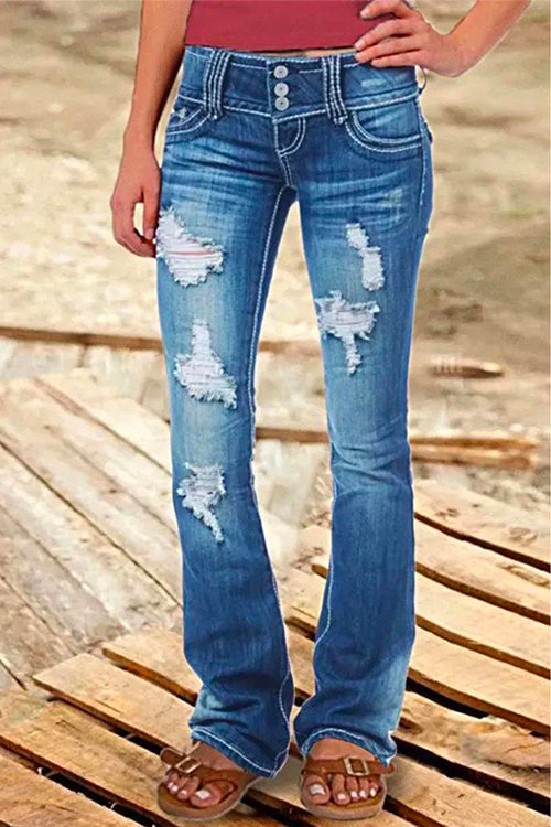 Button Down Distressed Ripped Jeans with Pockets MidBlue