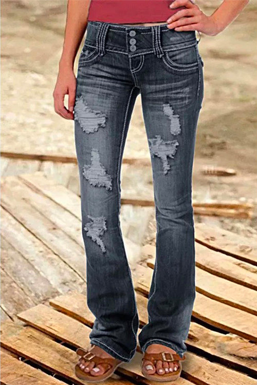 Button Down Distressed Ripped Jeans with Pockets Black