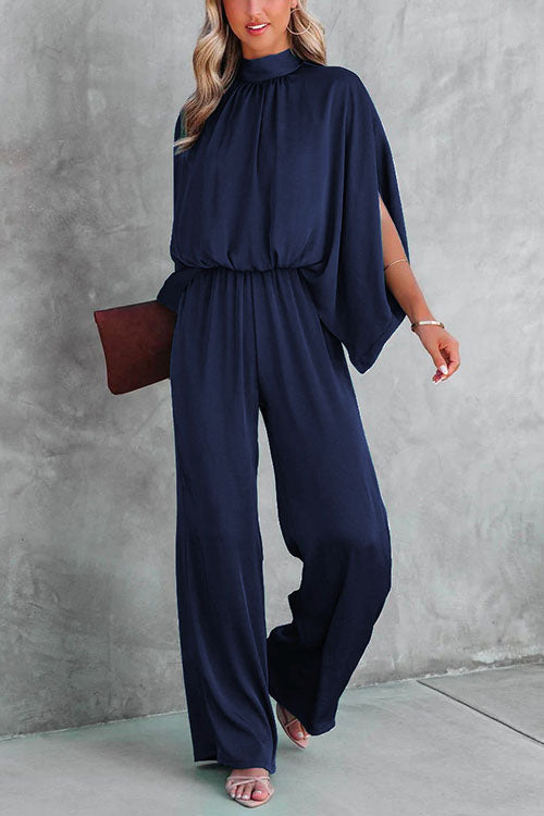 Stand Collar Slit Sleeve Waisted Wide Leg Jumpsuits( in 5 Colors) DarkBlue