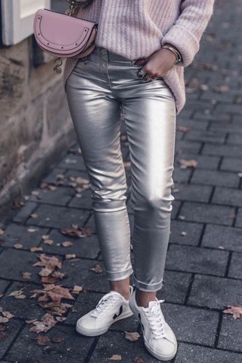Fashion Style Faux Leather Pants with Pockets Silver