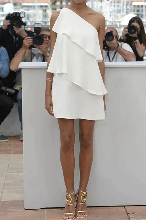 One Shoulder Sleeveless Ruffle Party Dress White