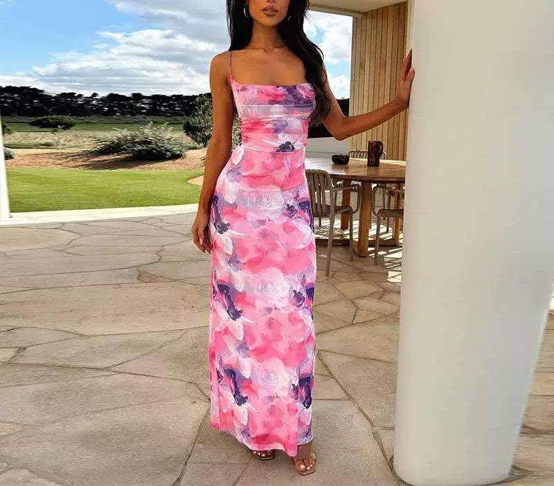 Chicest Off Shoulder Back Slit Ruched Mesh Overlay Print Maxi Dress