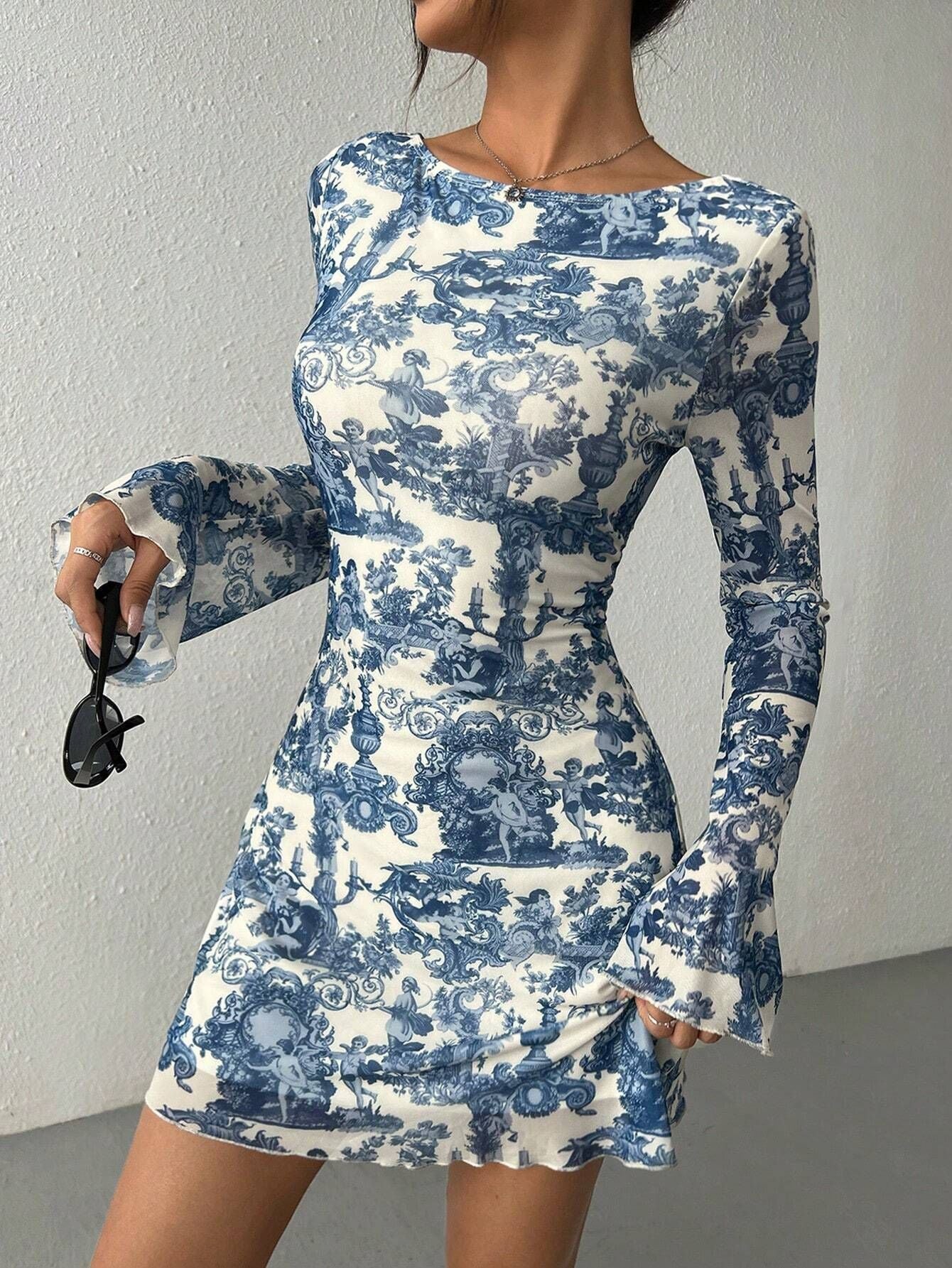 Bell Sleeves Waisted Landscape Printed Maxi Ruffle Dress