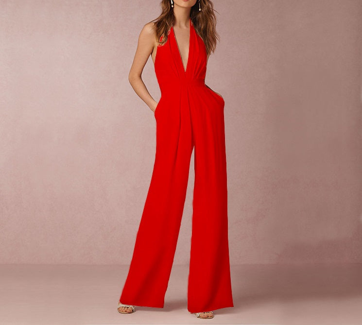 7 Colors Sleeveless Halter Waisted Wide Leg Jumpsuit