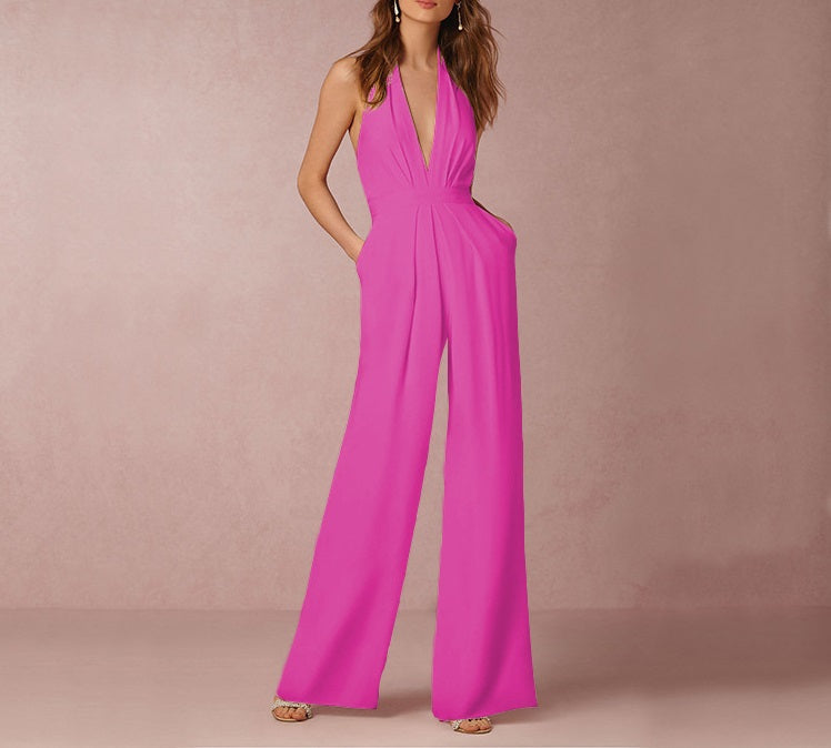 7 Colors Sleeveless Halter Waisted Wide Leg Jumpsuit