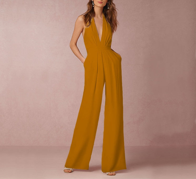 7 Colors Sleeveless Halter Waisted Wide Leg Jumpsuit