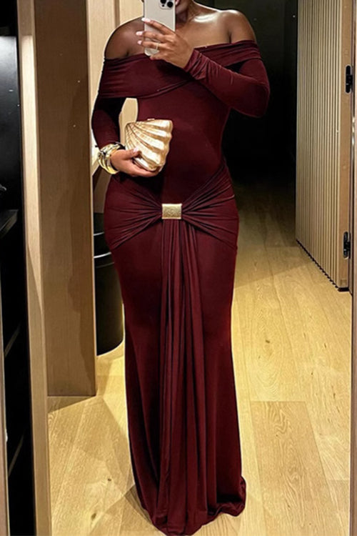 Off Shoulder Knot Front Bodycon Maxi Party Dress