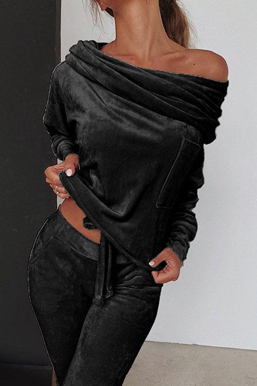 Keeley Off Shoulder Drawstring Top Long Pants Set Black