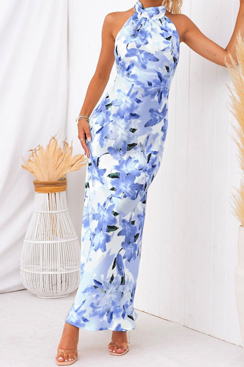 Tie Neck Backless Floral Printed Maxi Flowy Dress Blue