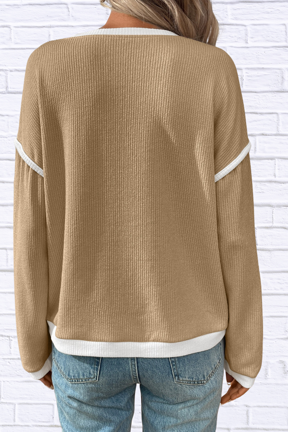 Ribbed Contrast Trim Long Sleeve Top