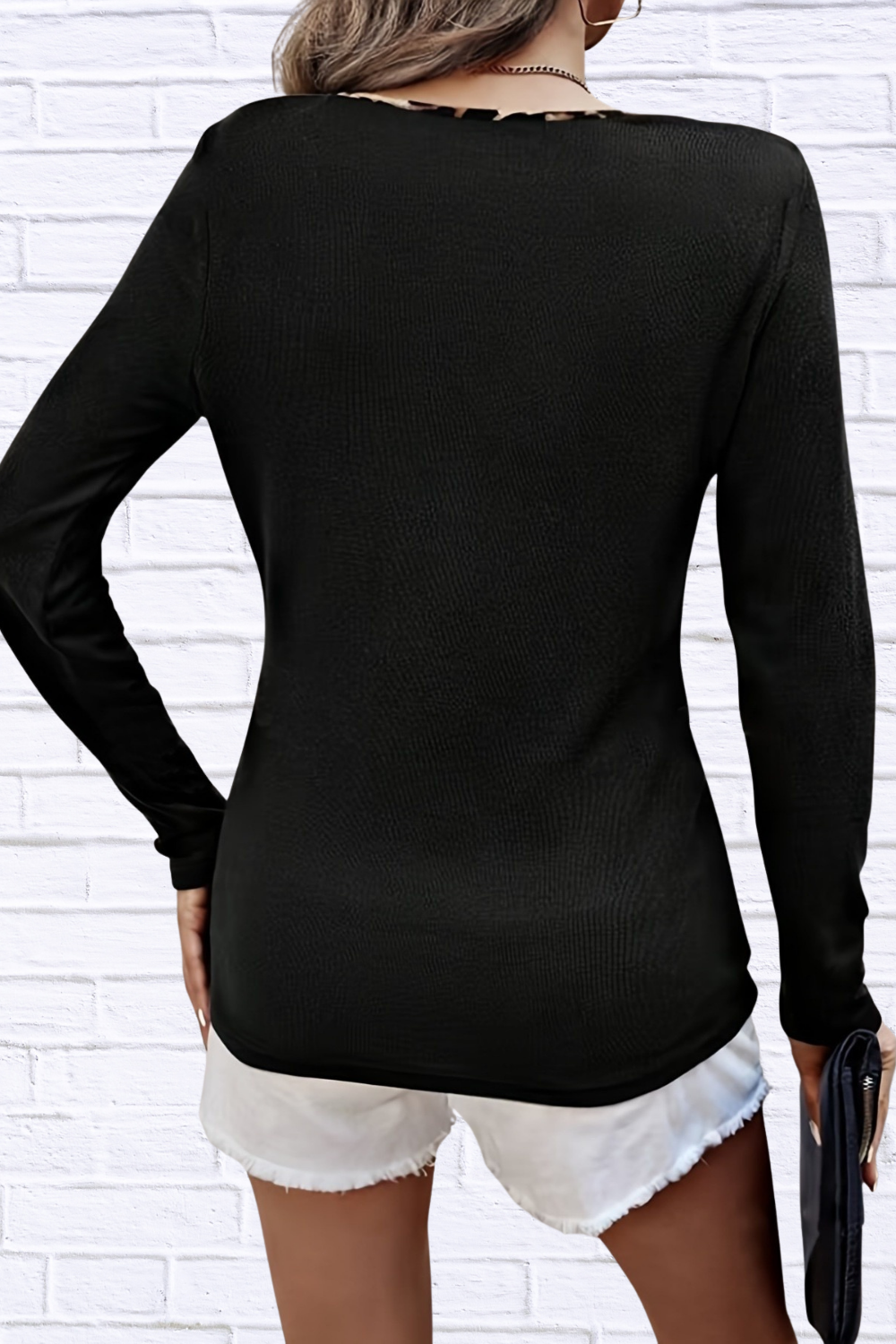 Leopard Trim Long Sleeve T-Shirt