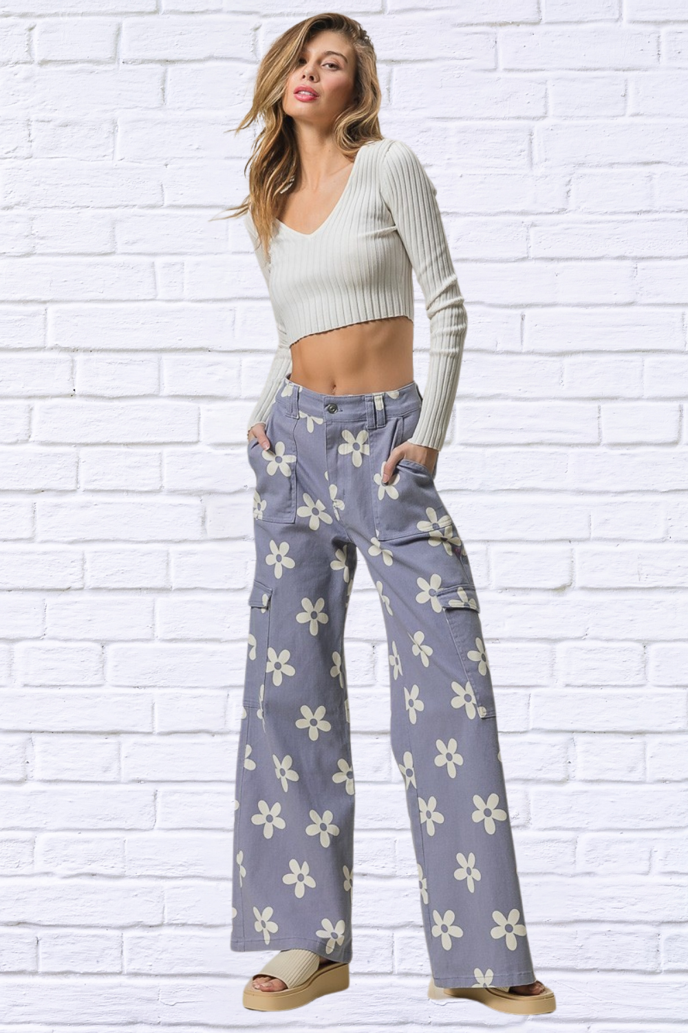 Flower Printed Side Pocket Wide Pants