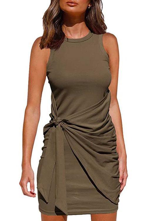 Crewneck Knot Front Ruched Sleeveless Dress Coffee