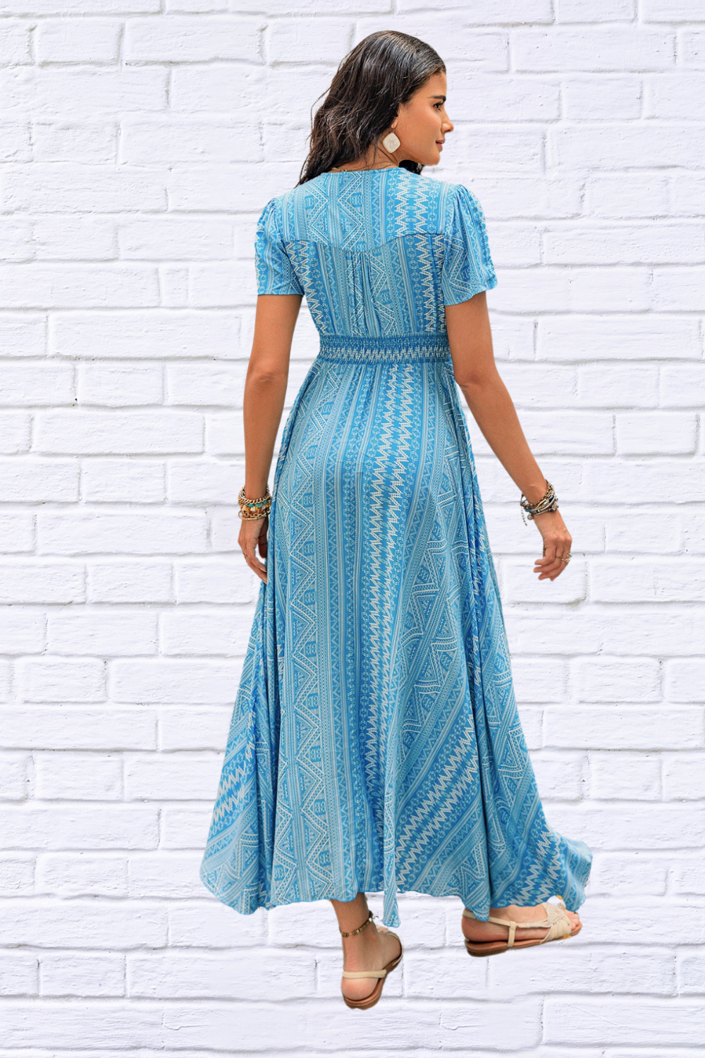 Sky Blue Printed Button Down Short Sleeve Maxi Dress