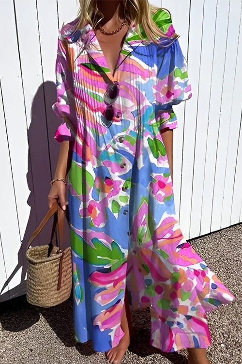 Ruched Button Down Balloon Sleeves Printed Maxi Dress Pink