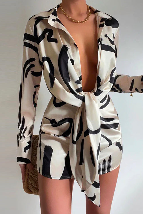 Lapel Long Sleeve Tie Knot Front Printed Mini Dress Apricot