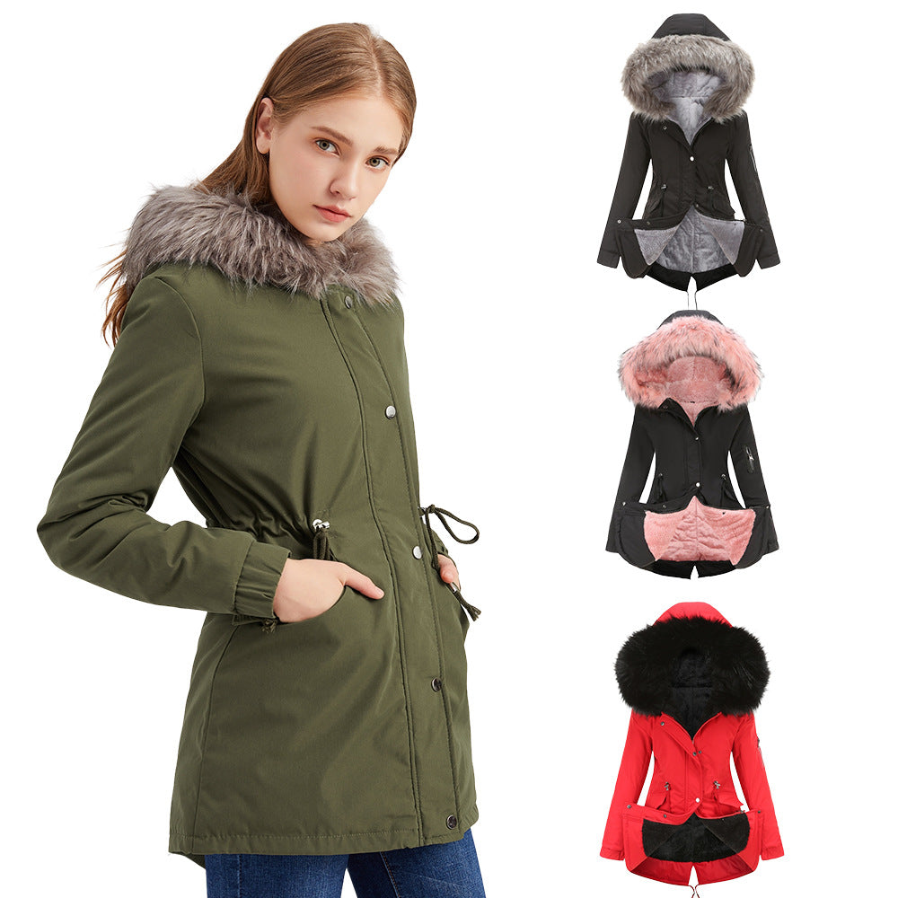 Big Fur Collar Cotton-Padded Coat Mid-Length