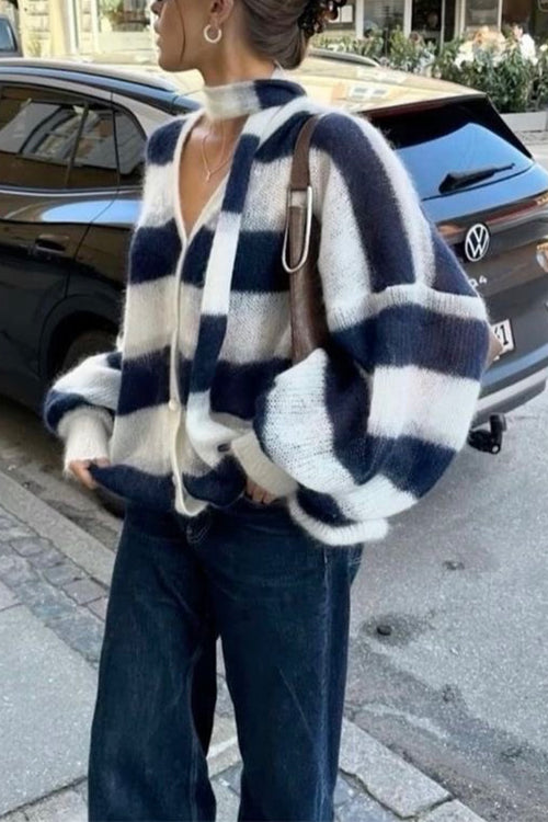 Lantern Sleeves Button Down Color Block Stripes Sweater with Scarf