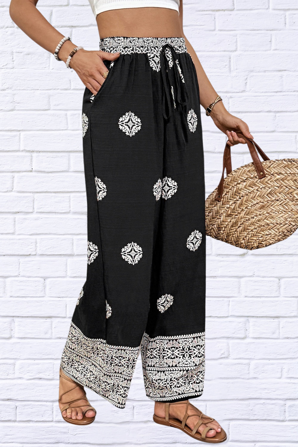 Effortless Elegance: Boho Print Black & White Wide-Leg Pants