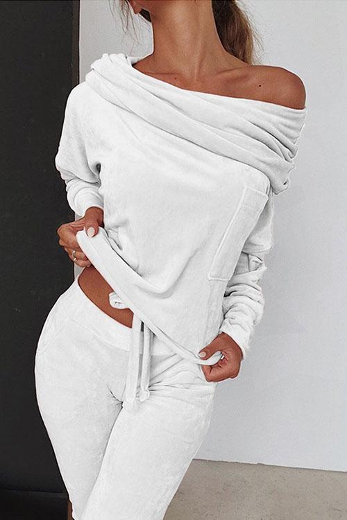 Keeley Off Shoulder Drawstring Top Long Pants Set White
