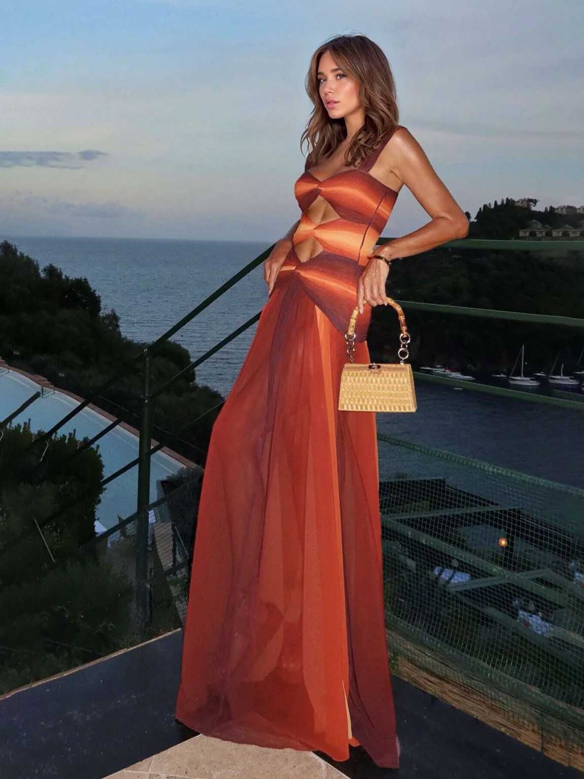 Elegant Gradient Print Sexy Hollow Maxi Dress