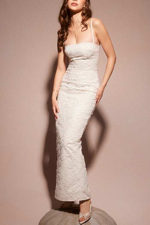 Spaghetti Strap Back Slit Floral Lace Bodycon Maxi Dress