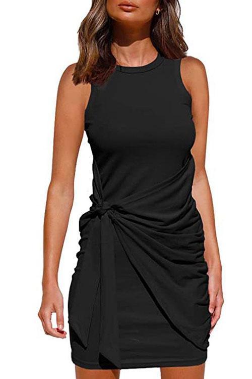 Crewneck Knot Front Ruched Sleeveless Dress Black