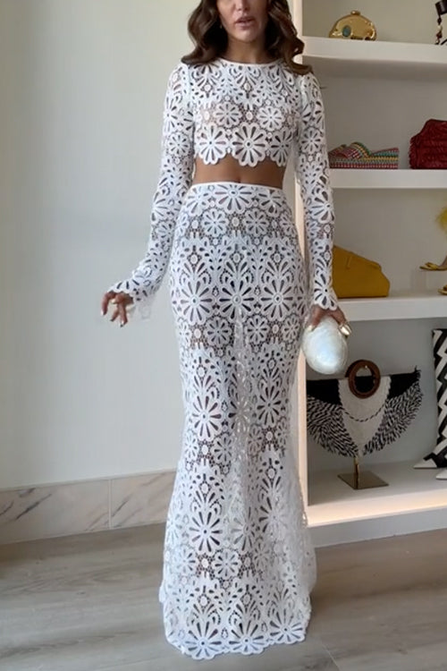Crochet Lace Cover-up Crop Top and Maxi Skirt Vacation Set White