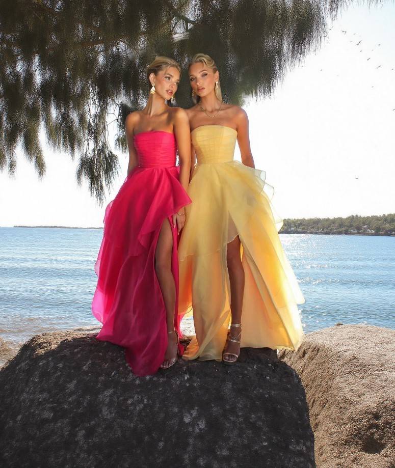 Tube Top Front Slit Multi-layer Maxi Dress