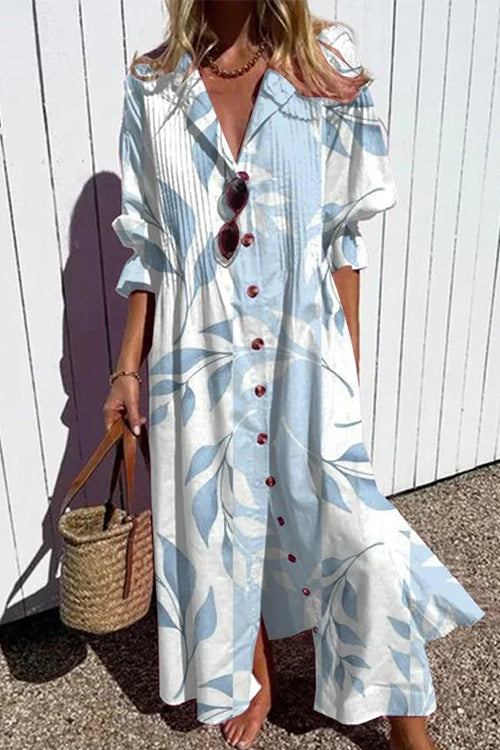 Ruched Button Down Balloon Sleeves Printed Maxi Dress LightBlue