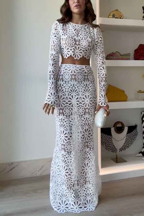 Crochet Lace Cover-up Crop Top and Maxi Skirt Vacation Set