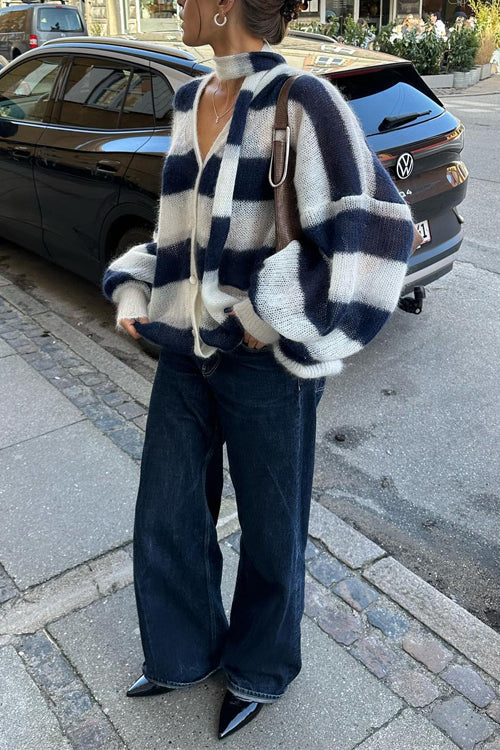 Lantern Sleeves Button Down Color Block Stripes Sweater with Scarf