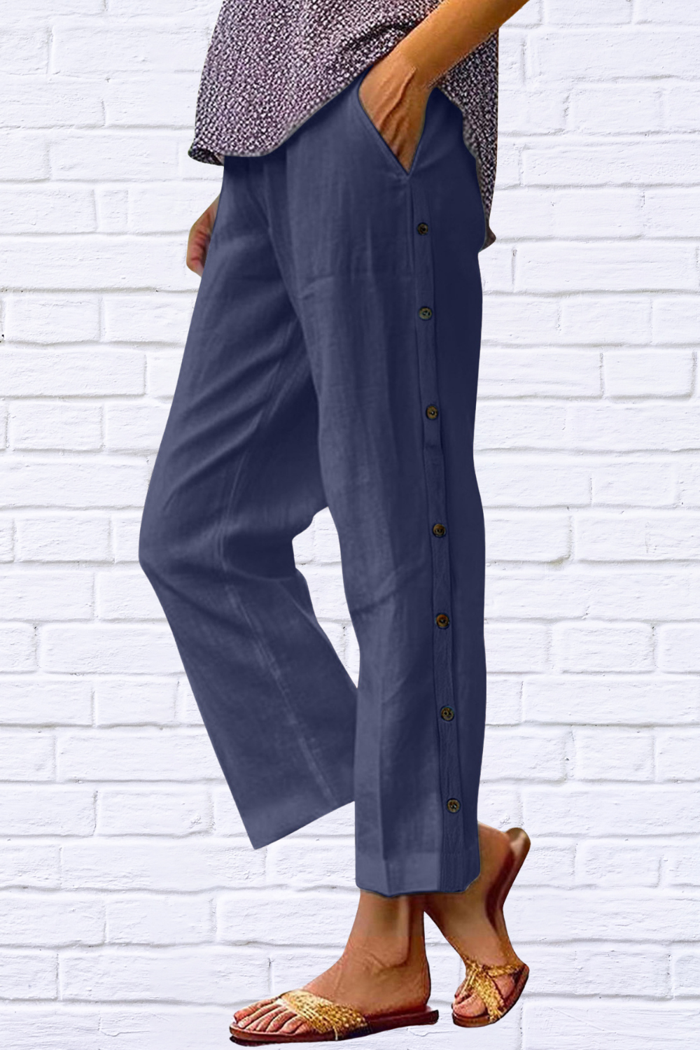Full Size Side Decor Button Casual Wide Leg Pants Plus Size