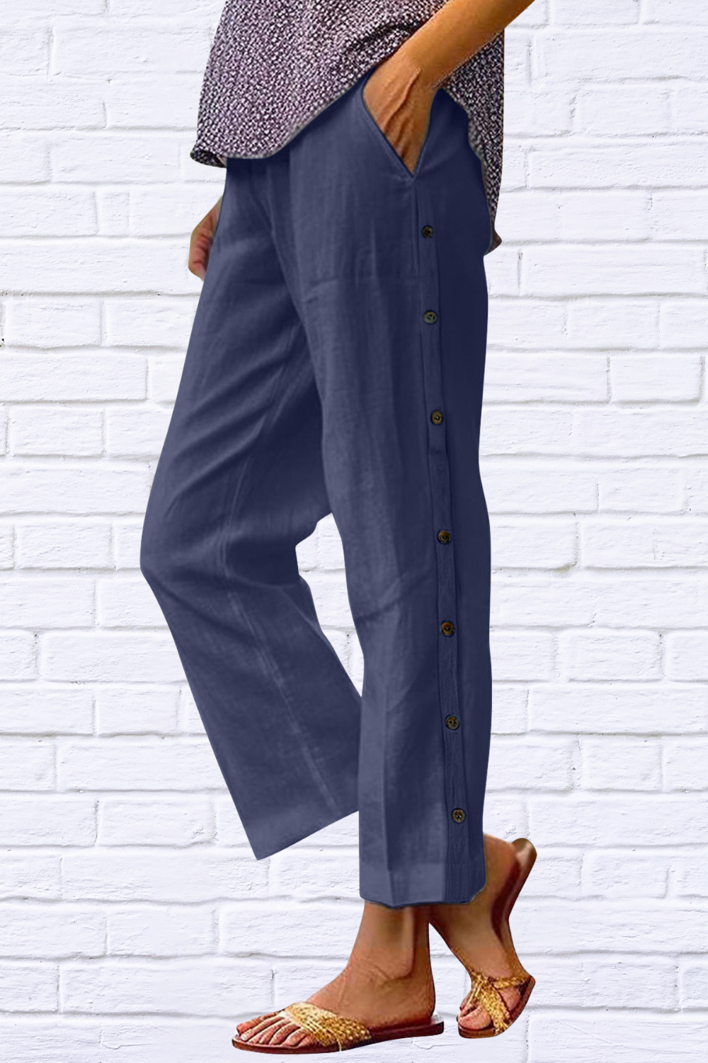 Full Size Side Decor Button Casual Wide Leg Pants Plus Size