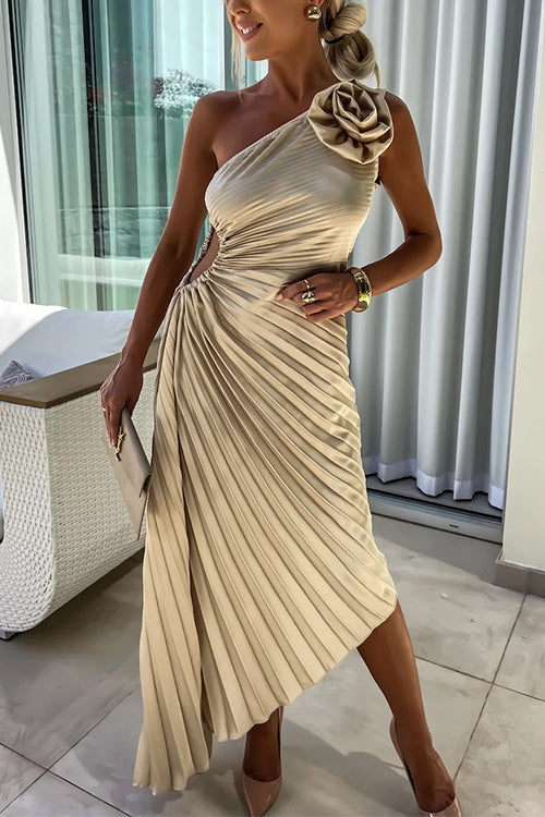 3D Rose One Shoulder Cut Out Waist Asymmetric Hem Pleated Maxi Dress Apricot