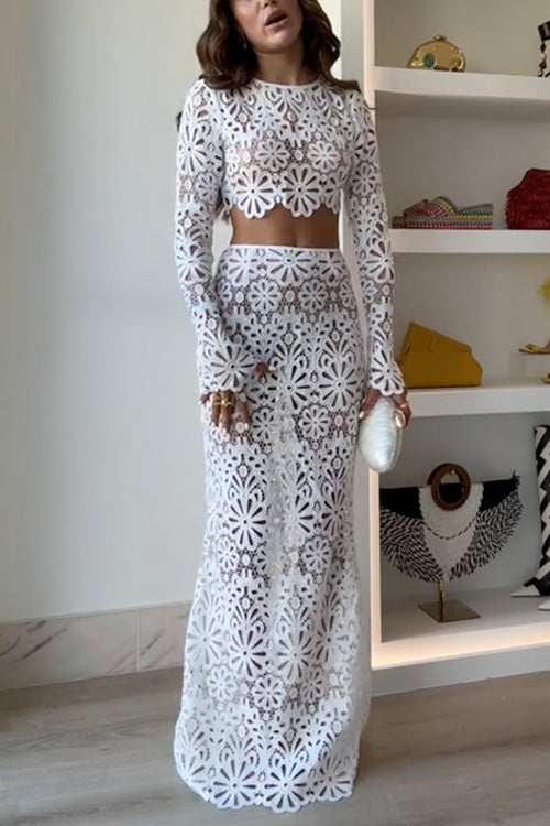Crochet Lace Cover-up Crop Top and Maxi Skirt Vacation Set