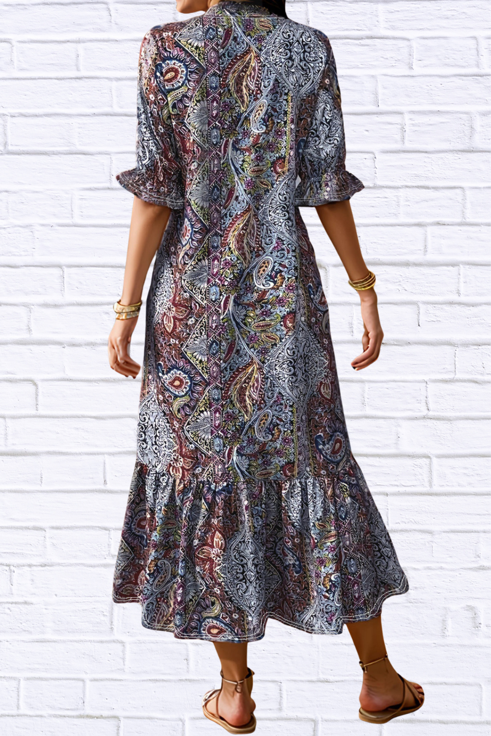Bohemian Paisley Print Ruffle Hem Midi Dress