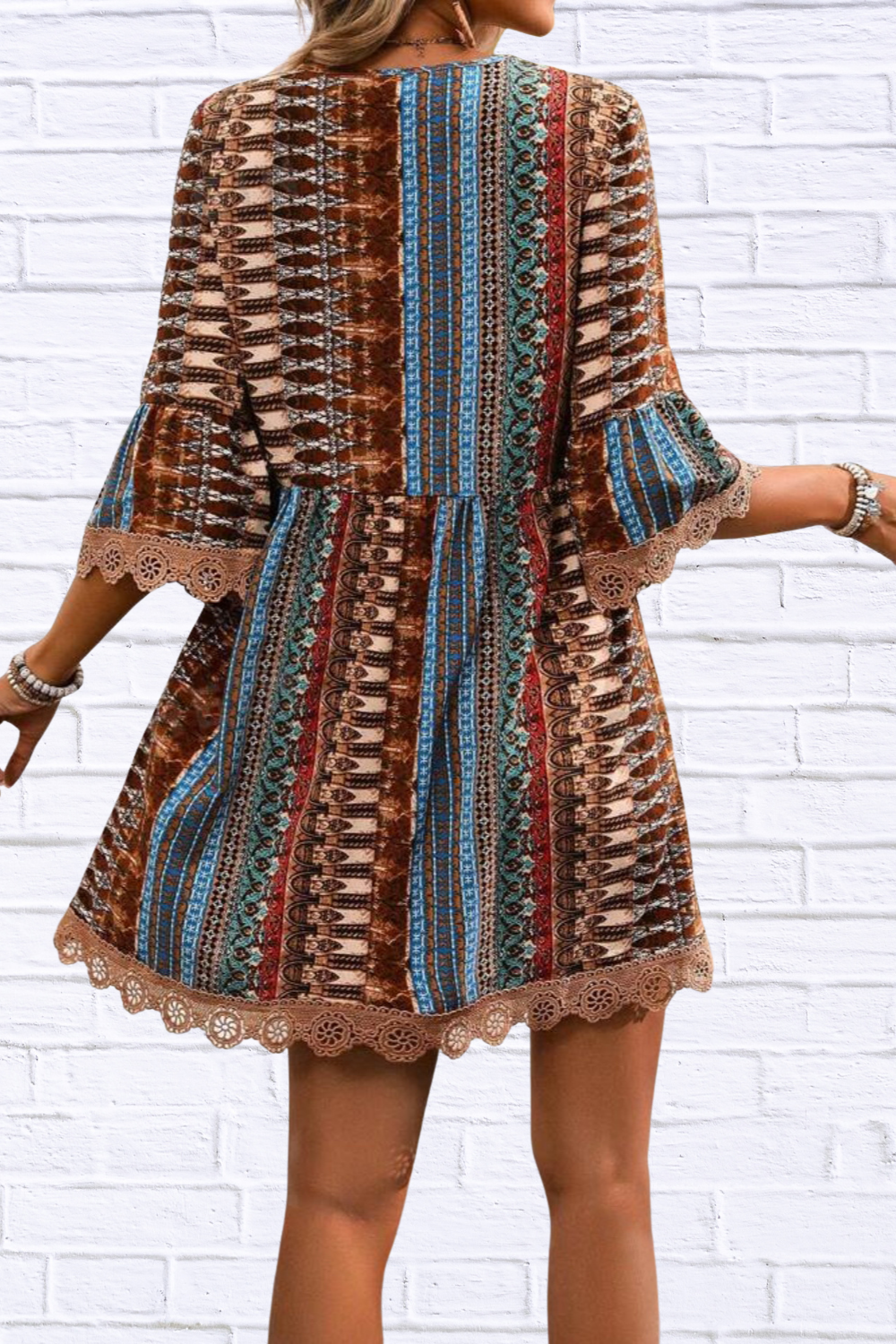 Lace Trim Printed V-Neck 3/4 Sleeve Dress