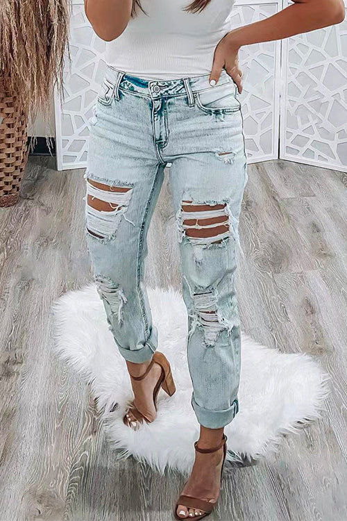 Distressed High Rise Ripped Boyfriend Denim Pants LightBlue