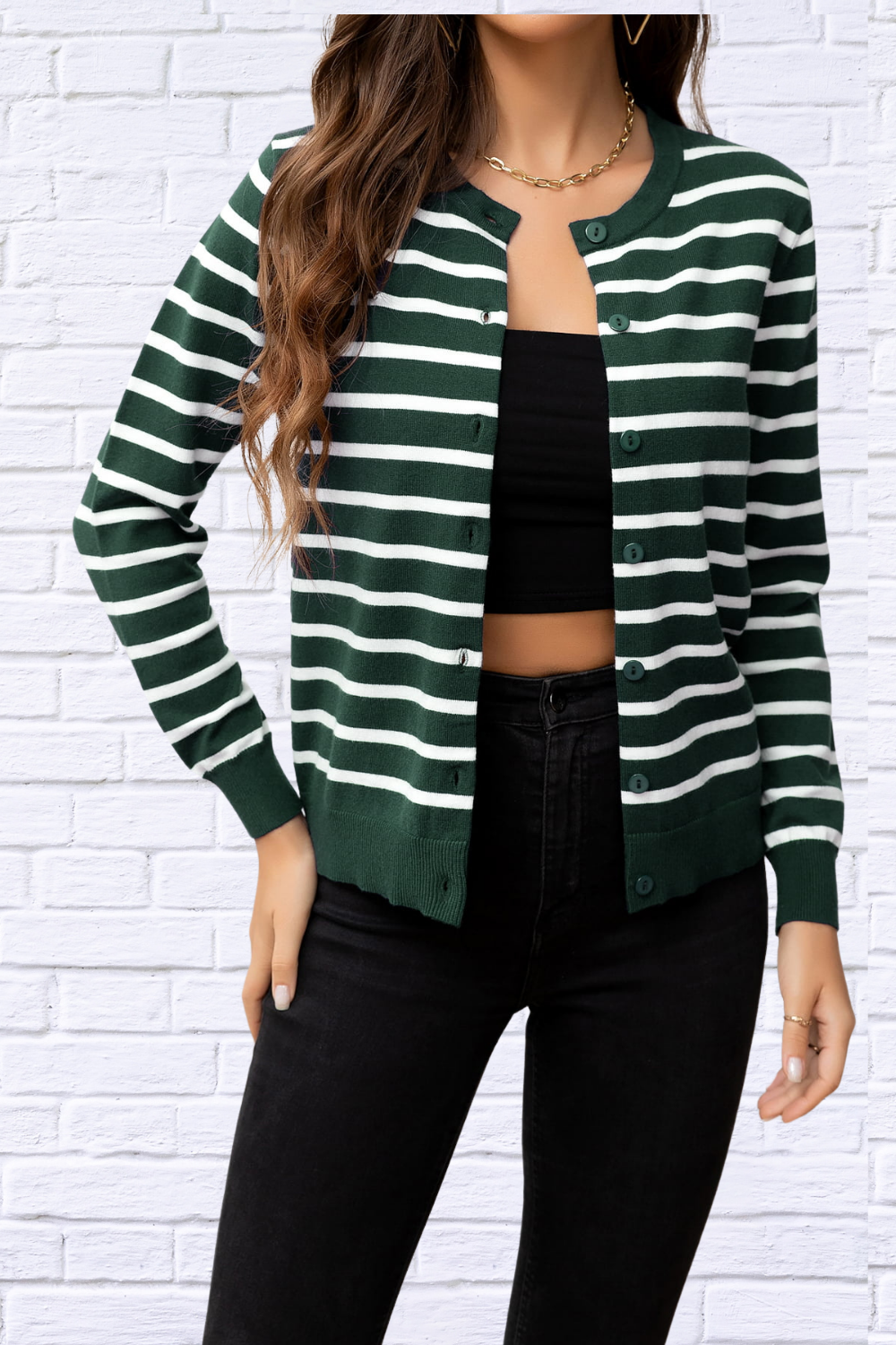 Striped Round Neck Long Sleeve Buttoned Knit Top