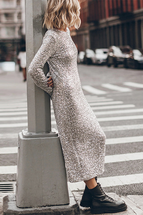 Long Sleeves Back Cut Out Sequin Midi Dress