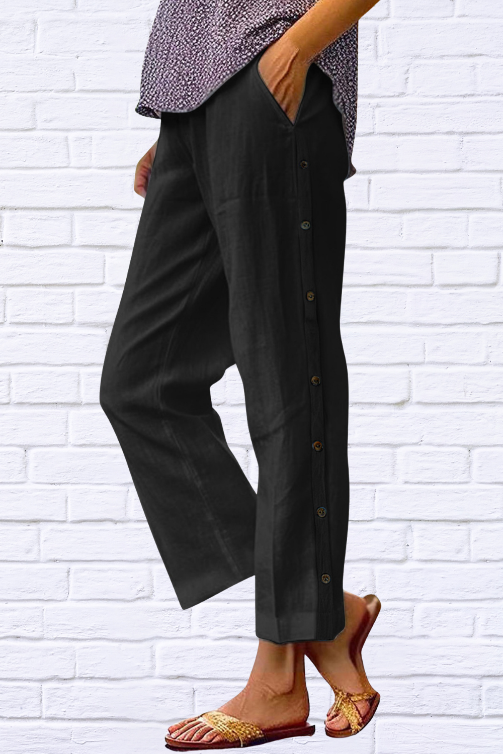 Full Size Side Decor Button Casual Wide Leg Pants Plus Size