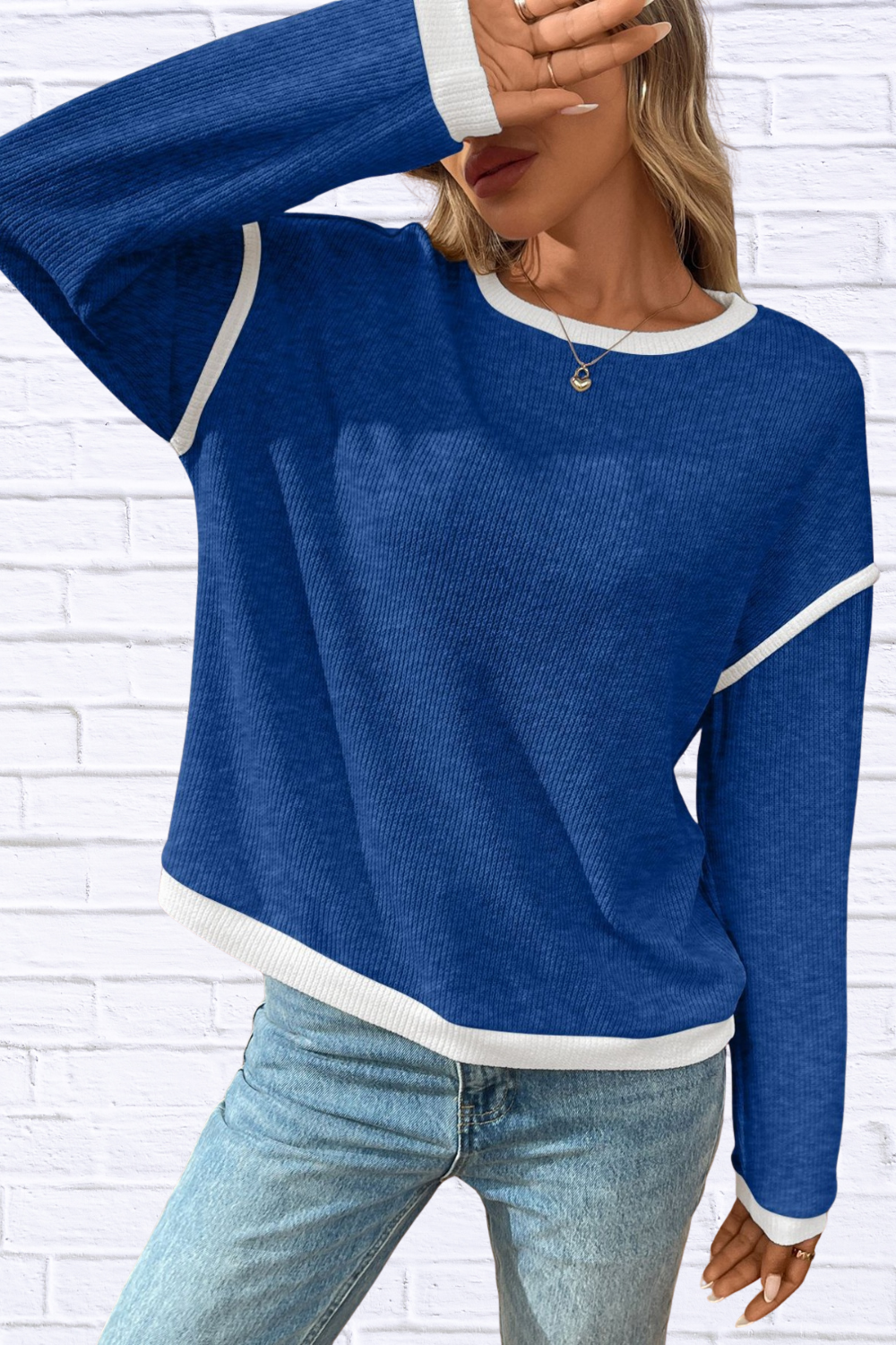 Ribbed Contrast Trim Long Sleeve Top
